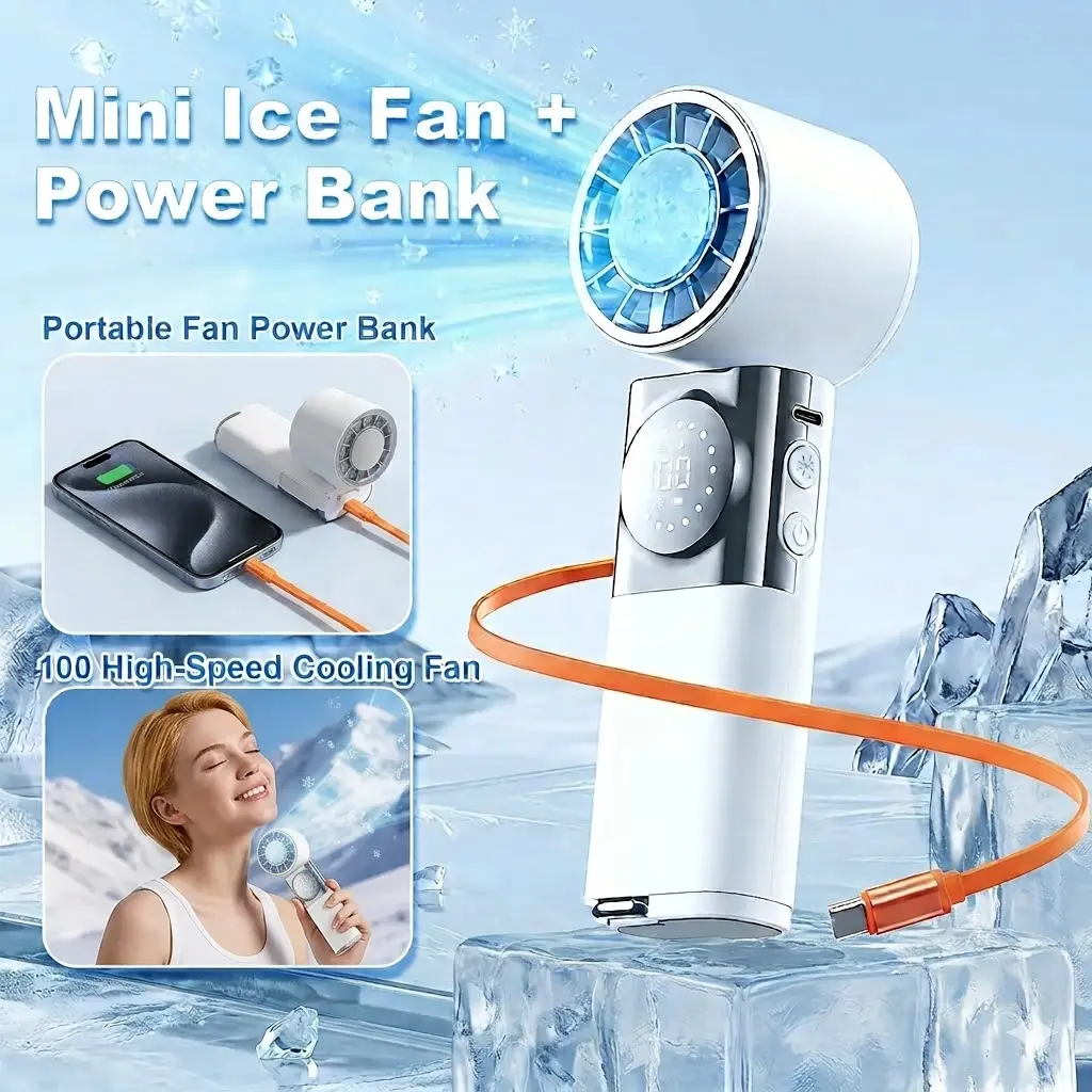 Rechargeable Handheld Turbo Fan with Battery Backup, 100-Speed Portable Personal Fan with Digital Display, Wearable Mini Cooling Fan with Lanyard, USB-C Travel Essential for Camping & Outdoors