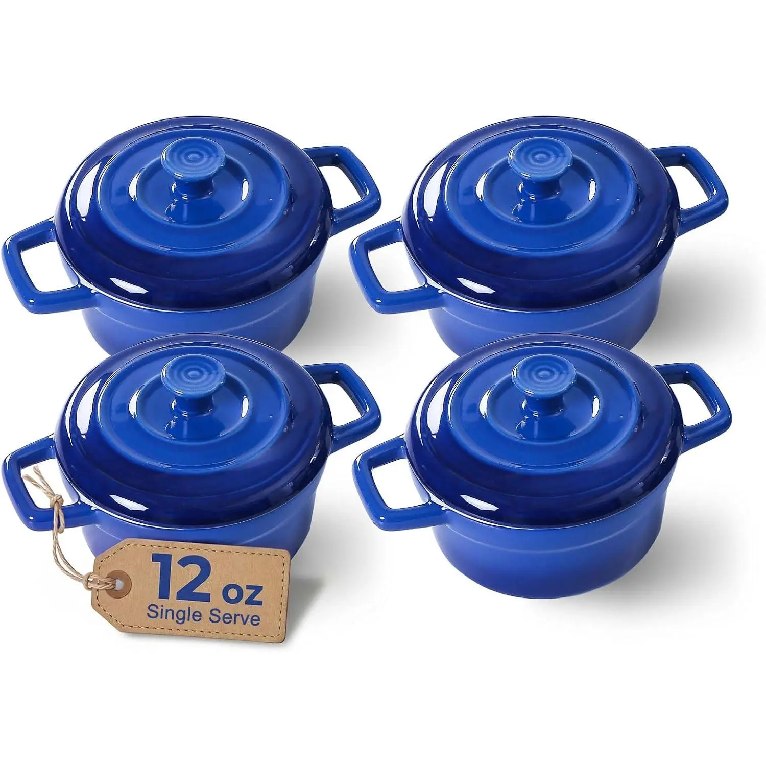 4-Piece Blue Mini Cocotte Bakeware Set - 12oz Ceramic Casserole Dishes with Handles and Lids, Small Baking Ramekins, Oven, Microwave & Dishwasher Safe