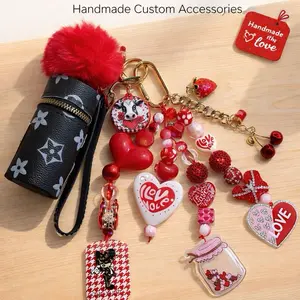 Handmade Custom Accessories Valentine's Day Bag Purse Charm with Red Pom Pom Heart Beads and Love Tags