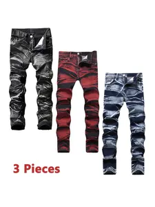 3 Pieces Men's Jeans Black & Red & Blue Street Style Elastic Y2k Denim Pants Streetwear Hip-hop Fashion Stretchy Casual Trouser