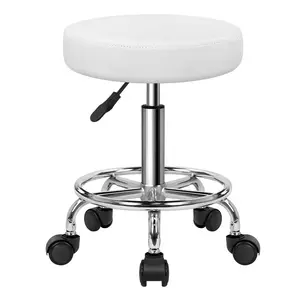 KKTONER PU Leather Round Rolling Stool with Foot Rest Swivel Height Adjustment Spa Office Massage Stools Small (White)
