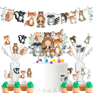 Enchanted Woodland Party Decor Set for Baby Shower & Birthday - Banner, Cake & Cupcake Toppers, Centerpieces