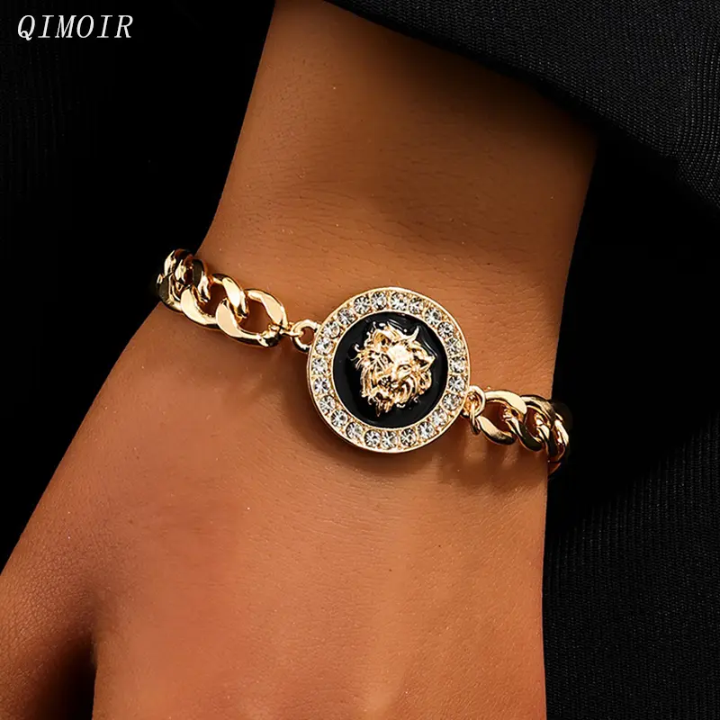 Metal Link Chain Lion Head Bracelet For Women Black Enamel New Holiday Accessories Wholesale Fashion Jewelry Vintage Gifts C1537