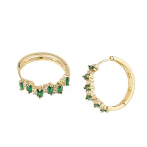 14K Gold Plated Hoop Earrings with Zirconia Blue & Green Stones 4mm 2.5 cm Elegant Jewelry for Women