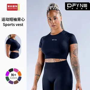 (With Logo) DFYNE Navel Exposing Crop Top Short Sleeve High Elastic Nylon Seamless Yoga Athletic Shirt