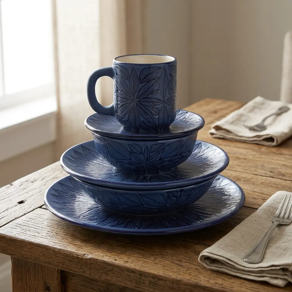6-Piece Handmade Ceramic Dinnerware Set - Mexican Pottery, Leaf Design, Oven-Safe, Mexican Decor, Colorful Themed Combination Set with Dinner Plates, Bowls, Coffee Mugs