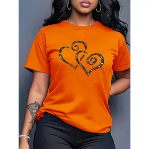 Women's Heart Print Short Sleeve T-Shirt with Faux Crystal Heart Design Round Neck Casual Elegant Romantic Summer Top 100% Cotton Crewneck Soft Breathable Versatile Shirt S-XXL