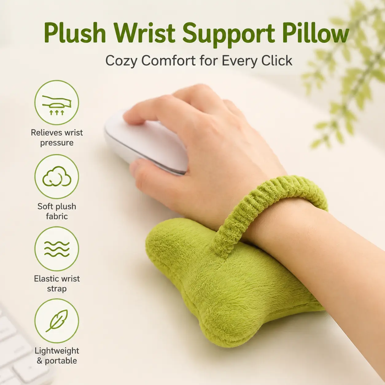 1 Count Green Plush Wrist Rest, Soft Skin-friendly with Elastic Wrist Strap for Computer Mouse Users Working at Office or Home