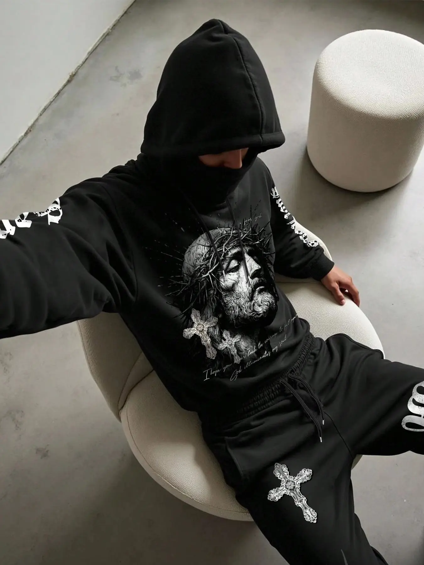 Men's Fall Winter Sports Set Hoodie Sweatpants Two-Piece Jesus Cross Print Streetwear Fashion Casual Unique Style Sports Clothing Set Hooded Tracksuit Set Fitted Sportswear Set