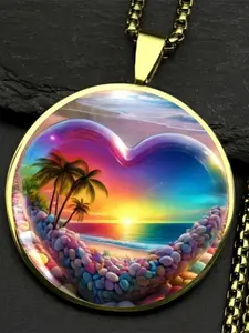 Heart Frame Tropical Sunset Beach Pendant Necklace - Zinc Alloy Glass Dome, Summer Vacation Jewelry, Perfect Gift for Beach Lovers & Travel Enthusiasts, Ideal for Daily Wear & Vacation Souvenirs