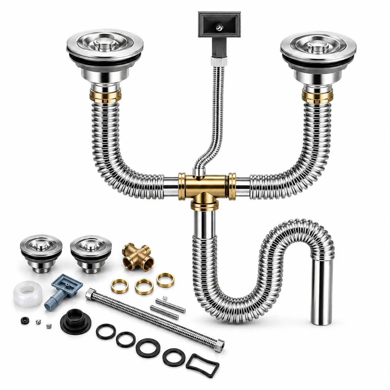 Flexible Stainless Steel Sink Drain Pipe with Anti-Odor P-Trap, Leakproof Retractable Drain Hose for Kitchen, Bathroom, Toilet & Washbasin, Easy Install Space-Saving Sink Plumbing Drain Replacement