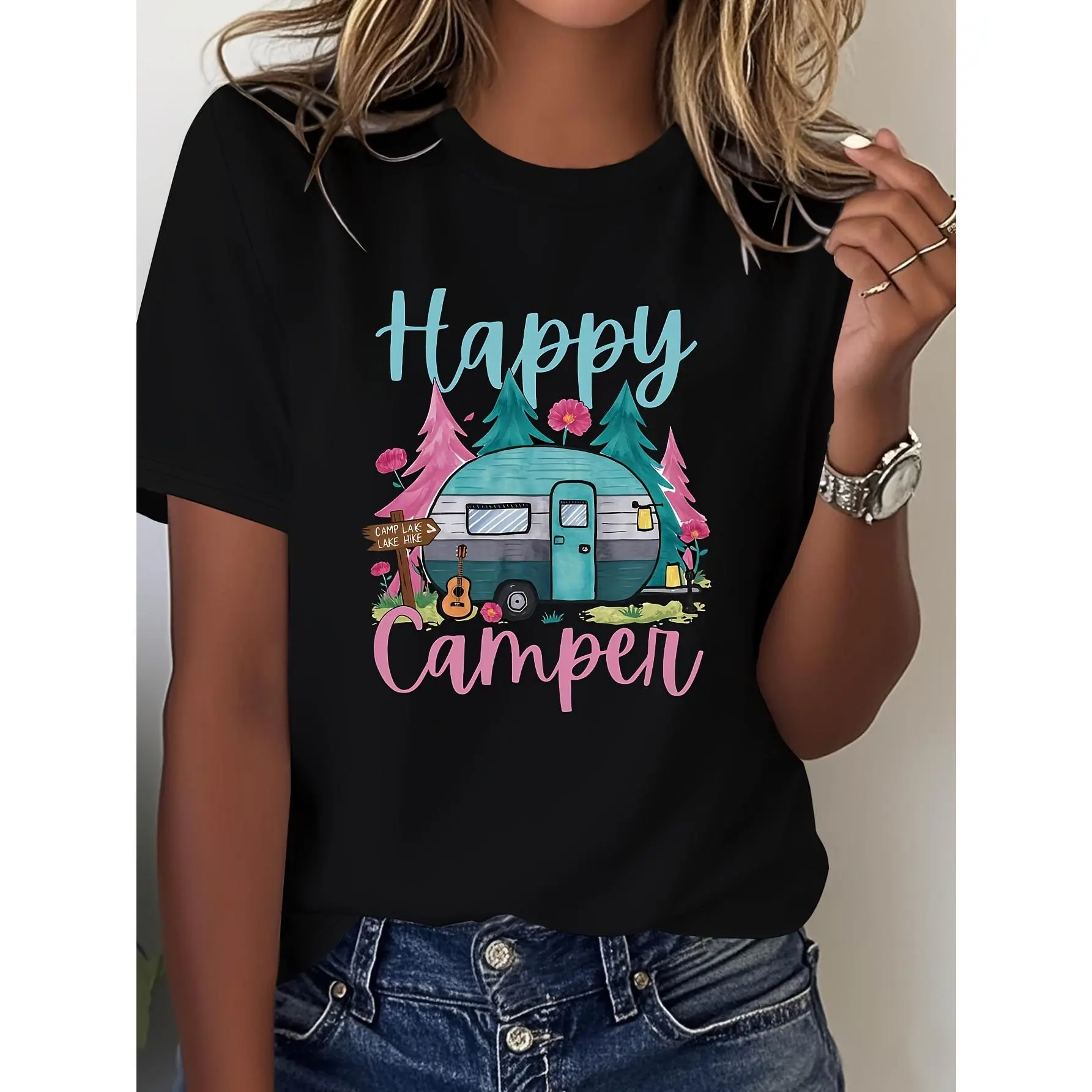 Women's Plus Size Short-Sleeve Round-Neck T-Shirt - Sporty Sports Tops Clothes, Fashionable Spring Summer Camping Outfit with 'Happy Camper' Print