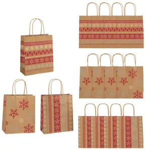 7 1/4" x 9" Medium Red & White Nordic Print Kraft Paper Gift Bags - 12 Pc.