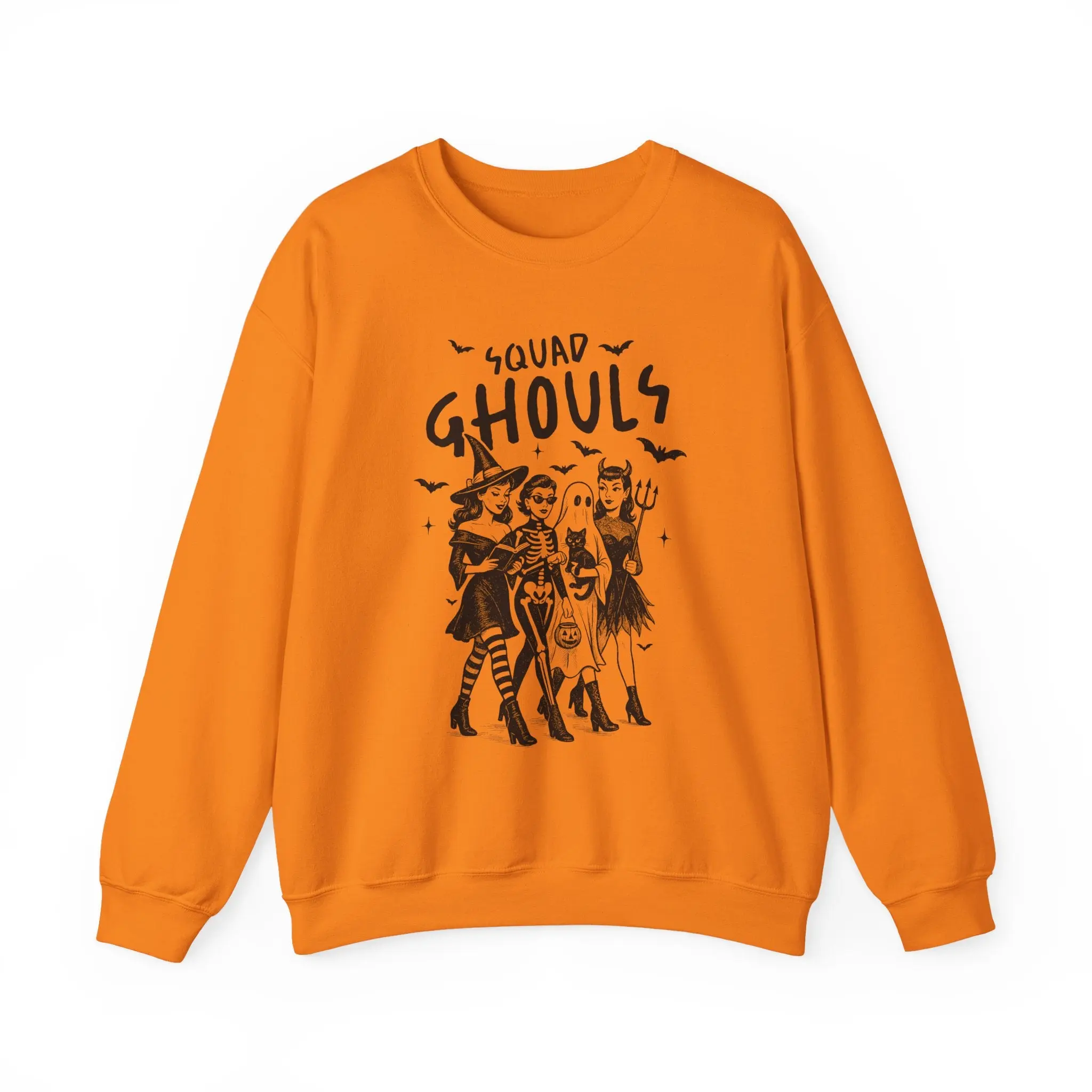Women's Playful Squad Ghouls Halloween Embroidered Ribbed Round Neck Crewneck Sweatshirt - Longsleeves Cotton Blend, Seamless Cut, Elastic Fit, Unisex Sizes, Pullover Casual Tops, Party Wear, Classic Fit