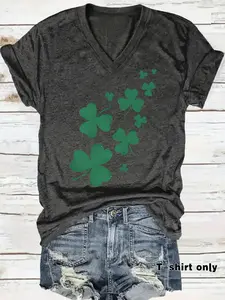 Women's St Patrick's Day Four-Leaf Clover Print T-Shirt, Soft Stretch V Neck Short Sleeve Top, Casual Summer Tee, Womenswear
