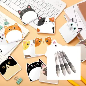 Cute Cat Design Sticky Notes Set, 12 Sheets + Sponge Ball Pen, 0.5mm Tip, Tear-Off Memo Pad, Ideal for Students & Office Use