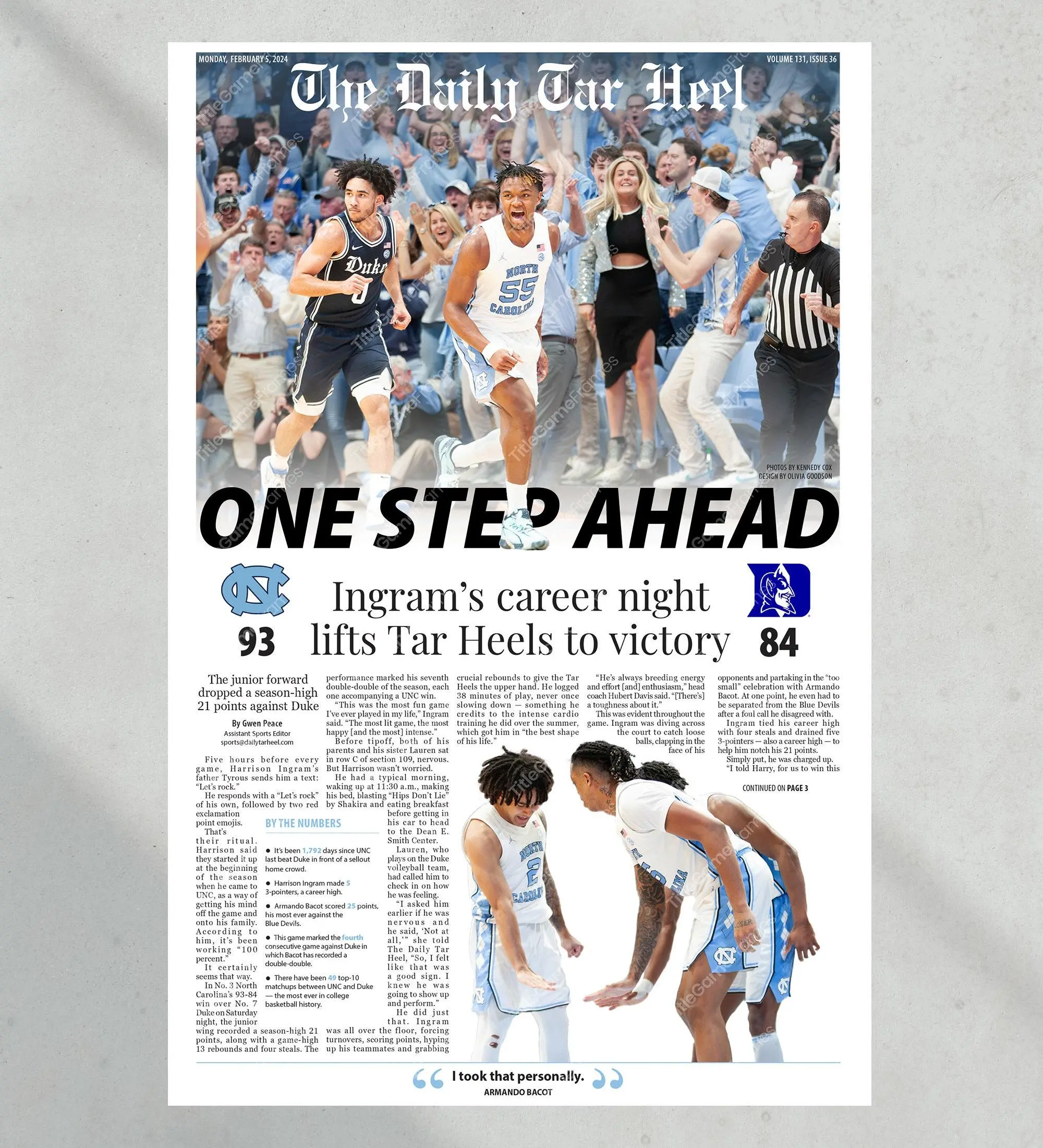 2024 North Carolina Tar Heels Defeat Duke 'One Step Ahead' Unframed