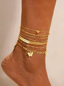 Women's Heart Butterfly Anklet Set, Bohemian Beach Style, Casual Daily Wear, Fashion Accessory, Zinc Alloy Material, All Seasons, Set of Seven