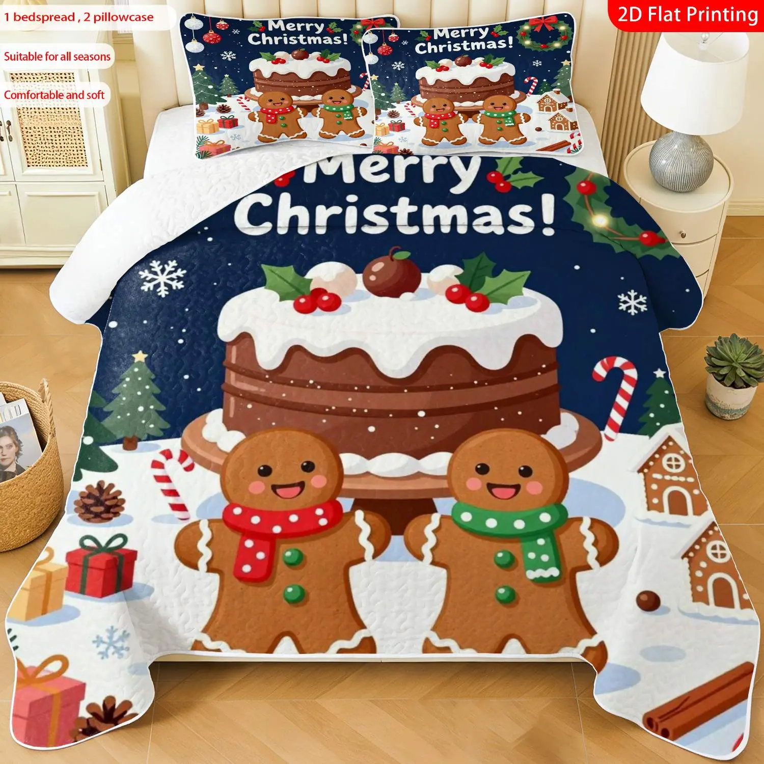3 pcs, 2D Flat Print Christmas Gingerbread Cake Pattern Bedspread Set, Soft and Comfortable, Multiple Sizes Available, Suitable for Gifting and Daily Use, Ideal for Creating a Cozy Home Atmosphere(1 bedspread , 2 pillowcases)