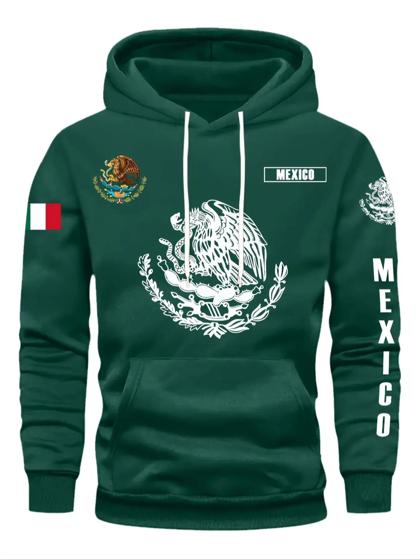 Men's Mexican-Themed Hooded Sweatshirt - Mexico Flag & Eagle/Cactus Design with Logo, Long Sleeve Pullover Hoodie, Front Pocket, Casual Mexican Pride Apparel, Graphic Hoodies, Streetwear Sweatshirt, Casual Hooded Sweatshirts, Machine Washable