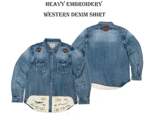 [Embroidery] Unisex Western Roadrunner Bird Premium Embroidery Distressed Denim Shirt, Long Sleeves, Patchwork Embroidery, Cowboy Outfit