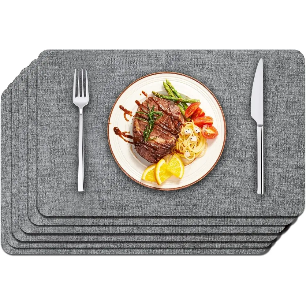 Grey Solid Faux Leather Placemats Set of 6 Tableware - Waterproof, Wipe Clean, Heat Resistant, Non-Slip, Reduces Noise - 17in×12in, Suitable for Indoor & Outdoor Dining Table Use