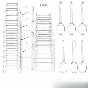 300pcs small dessert cups with spoons, made of transparent plastic, Plastic Clear Cups. Perfect for serving parfaits and appetizers. Designed with an inclined round shape for easy holding of desserts and small portions.