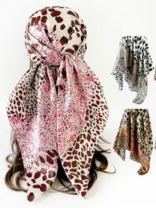 New Leopard Print Silk Scarf for Women, Casual Fitted Headscarf, European Style 90cm Shawl, Artificial Satin Square Towel, Boho Style Scarf