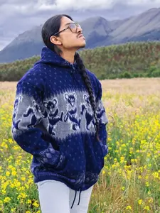 Alpaca Wool Jacket. (Blue Dancing Bear) Unisex. Handcrafted by Indigenous crafters. Super warm. Machine Washable!