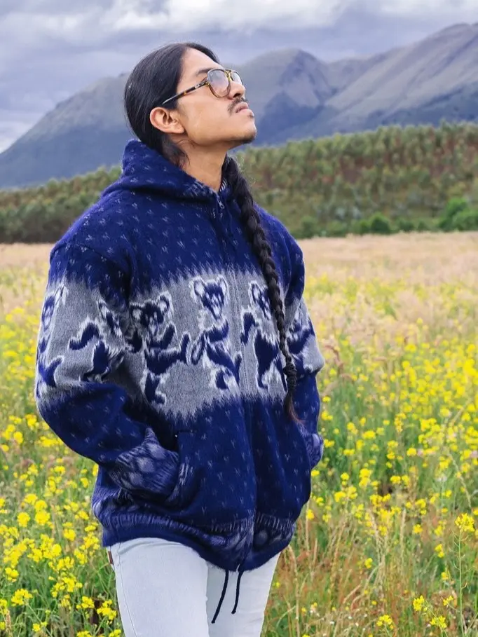 Alpaca Wool Jacket. (Blue Dancing Bear) Unisex. Handcrafted by Indigenous crafters. Super warm. Machine Washable!