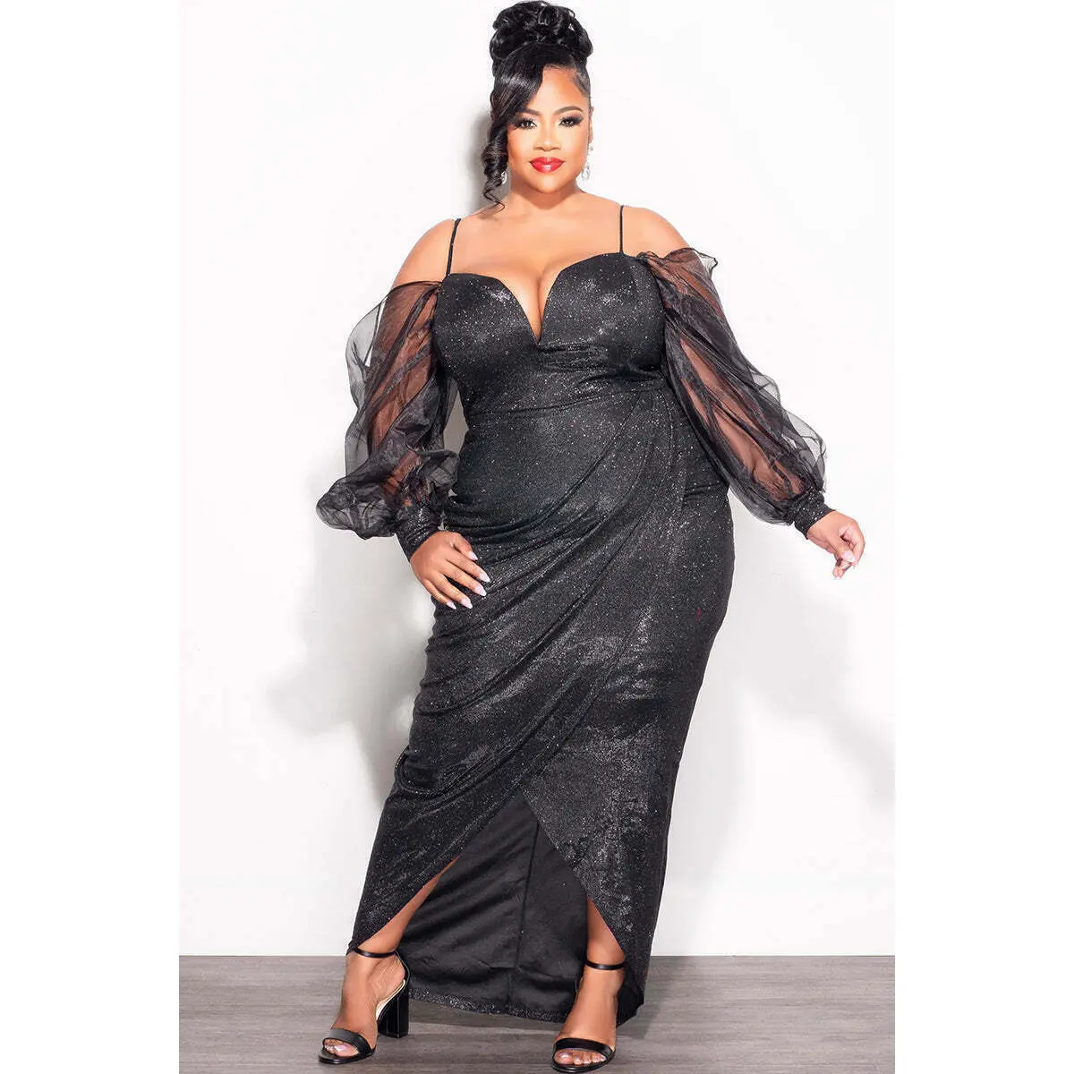 Final Sale Plus Size Shimmer Colder Shoulder Dress with Mesh Sleeves in Black