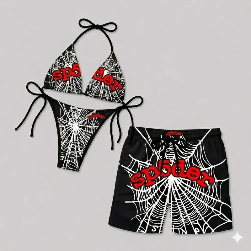 Spider Web Matching Couples Swimwear Set, Y2K Goth Bikini and Men’s Beach Shorts, Alternative Summer Pool Party Outfit, Beach Vacation Gift for Couples