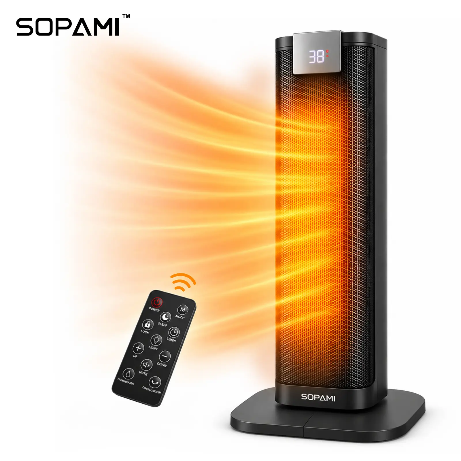 SOPAMI 1500W Tower Space Heater with Humidifier, 60° Oscillation, Remote & Touch Control, Adjustable Thermostat, 24H Timer, Tip-Over & Overheat Protection, Black