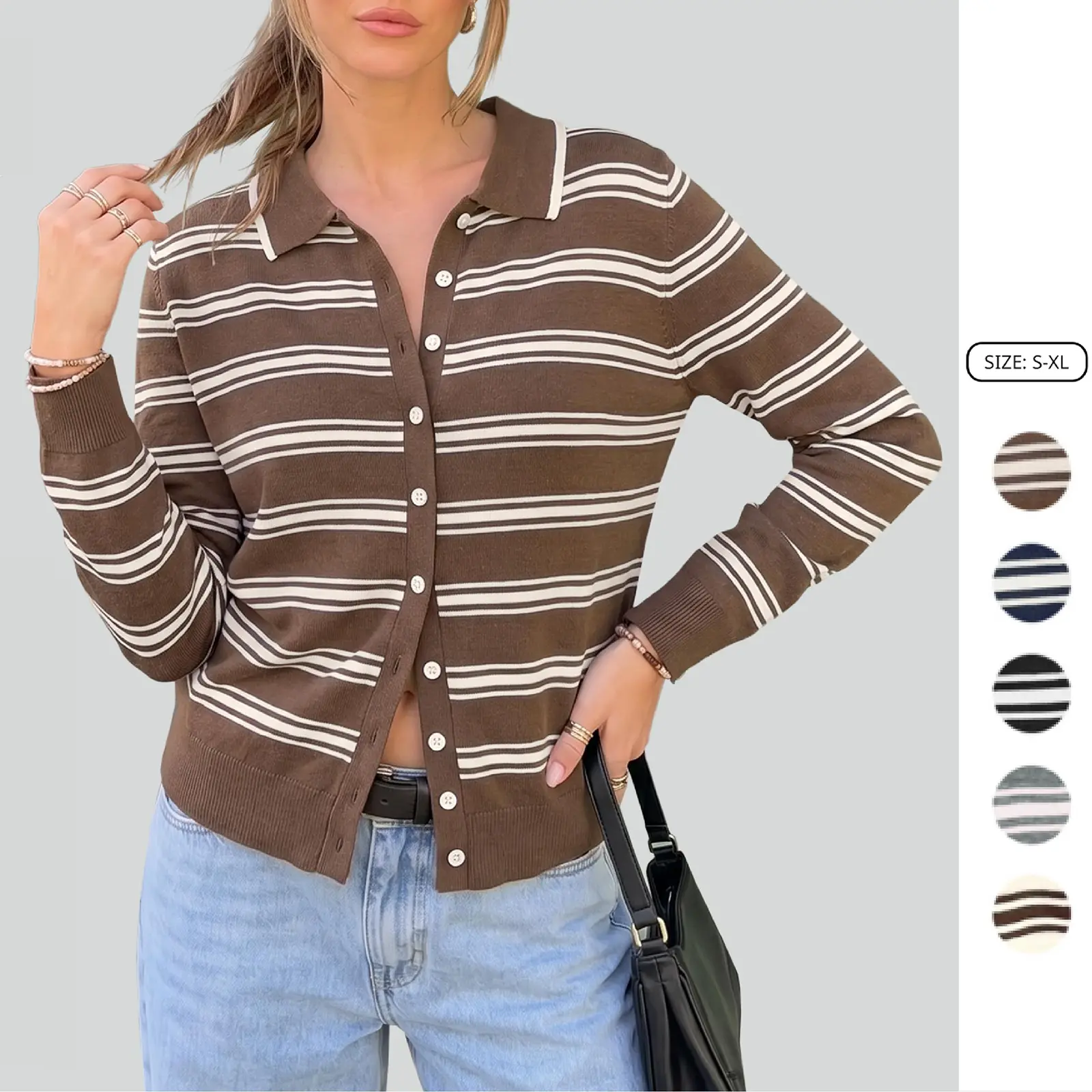 Women Striped Cardigan Sweaters Fall 2026 Fashion Button Down Long Sleeve Lapel Collar Lightweight Knit Tops Casual Fall Outfit Tops Long Sleeve Polo Collar Button Down Casual Jacket
