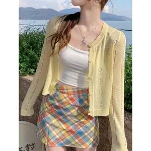 Women's Summer Thin Ice Silk Knitted Sunscreen Cardigan - Lightweight Air - Conditioner Shawl Outer Cover - Up Vest Mini Coat