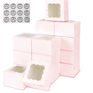 24set/48set Pink Bakery Boxes with Window,3.39x3.39x2.48 Cookie Boxes，Cinnamon Rolls, Treat Boxes, Dessert Boxes, Auto Pop Up