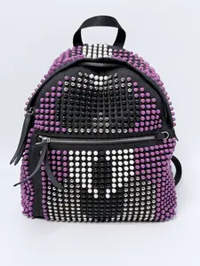 Pre-owned FENDI Leather Backpacks Karlito Studded Nylon Backpack Purple Black JD077FD