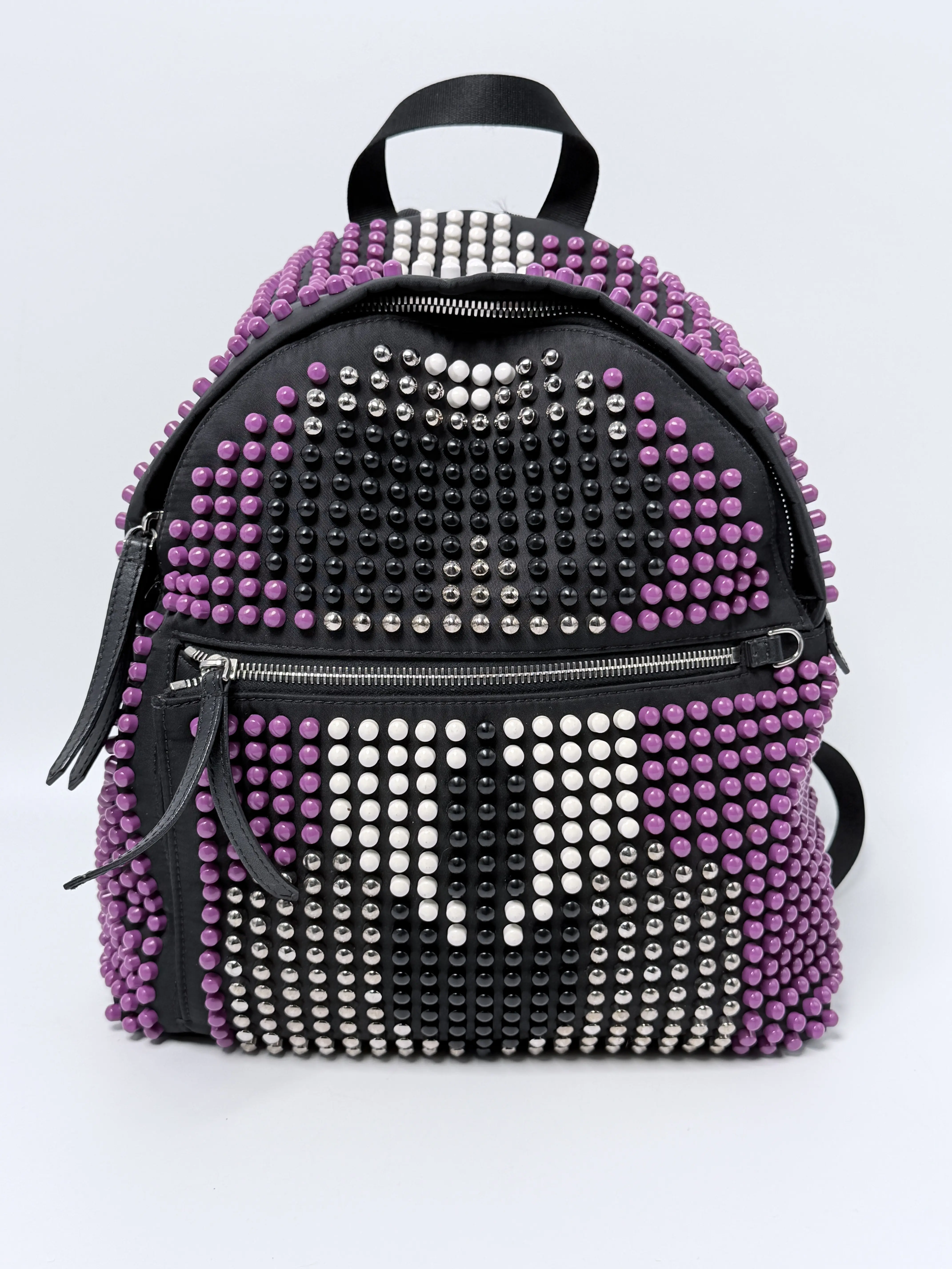Pre-owned FENDI Leather Backpacks Karlito Studded Nylon Backpack Purple Black JD077FD