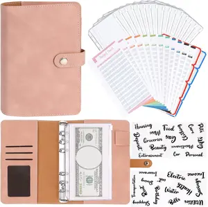 A6 Budget Binder PU Leather Notebook Planner Cover with 16 Pockets Cash Envelopes, 12 Expense Sheets, 4 Sheets Letter Sticker Labels For Bill Planners