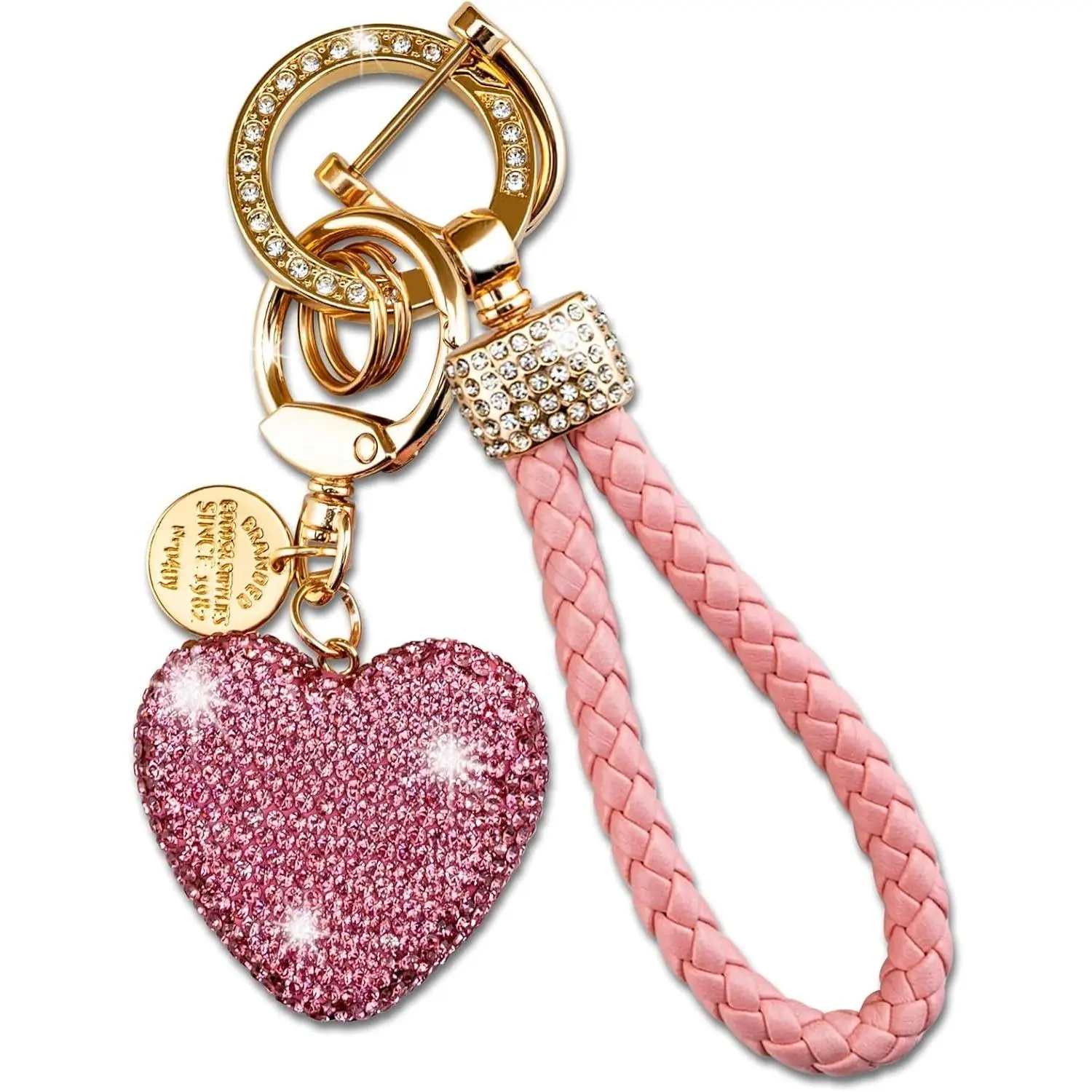 Pink Keychain Wristlet for Women, Cute Bling Rhinestone Heart Design Purse Charm with Woven Leather Strap, Accessory for Car Keys & Handbags, Heart Design Keychain, Keychain Accessory
