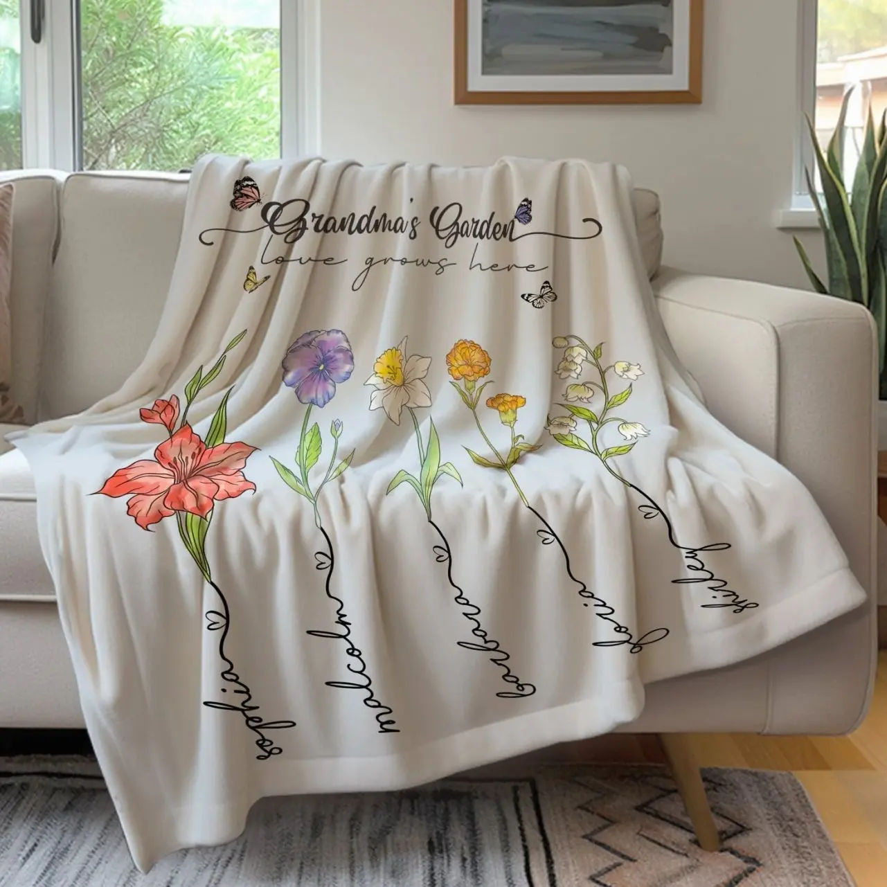 Personalized Grandma Flannel Blanket, Custom Name Throw for Nana, Cozy Gift for Grandmother