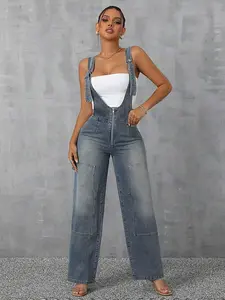SXY Casual Washed Denim Bib Overalls With Zipper
