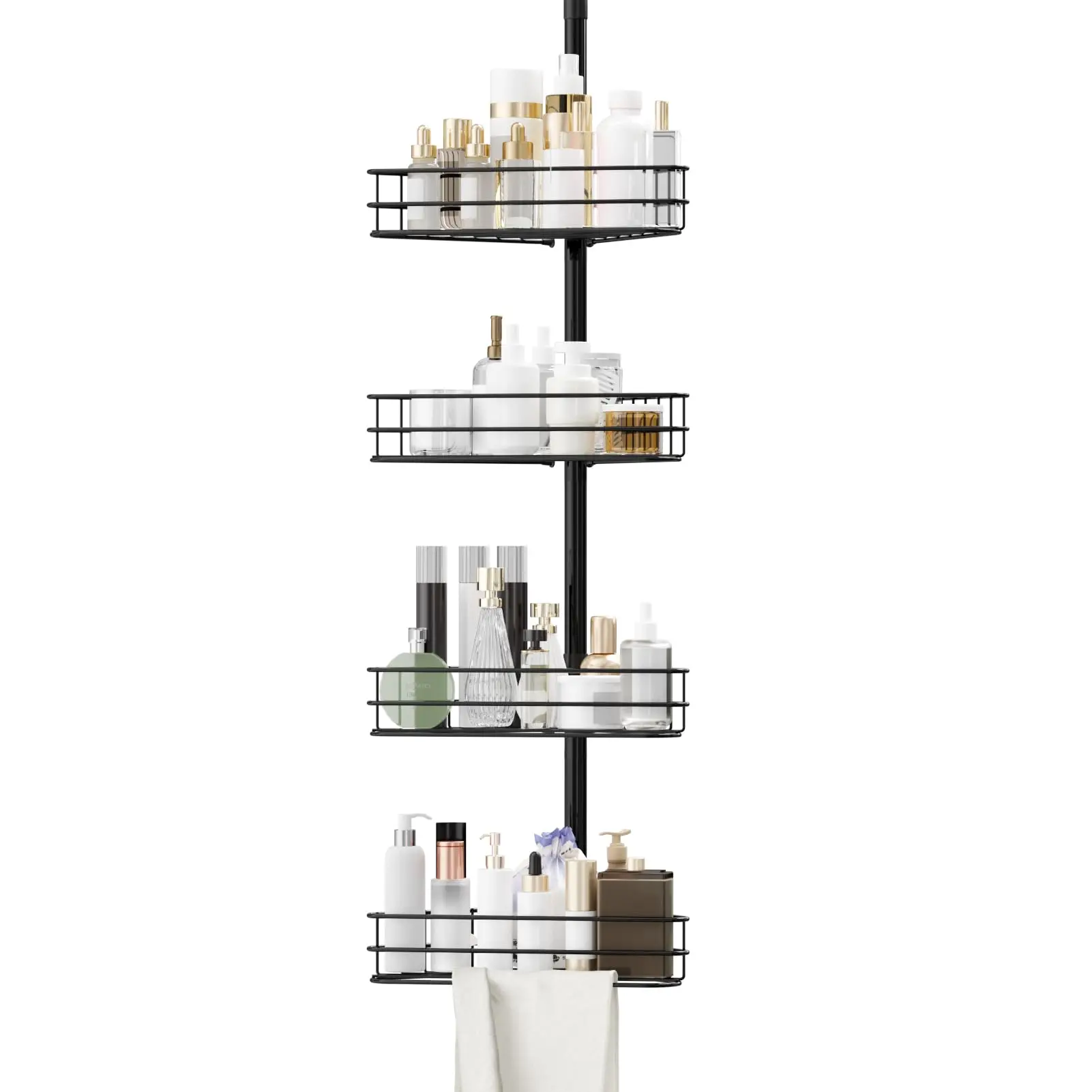 Garvee Adjustable Corner Tension Pole Shower Caddy with 4 Stainless Steel Basket Shelves and Built-In Towel Bars, Extends 75 to 110 Inches for Efficient Bathroom Storage