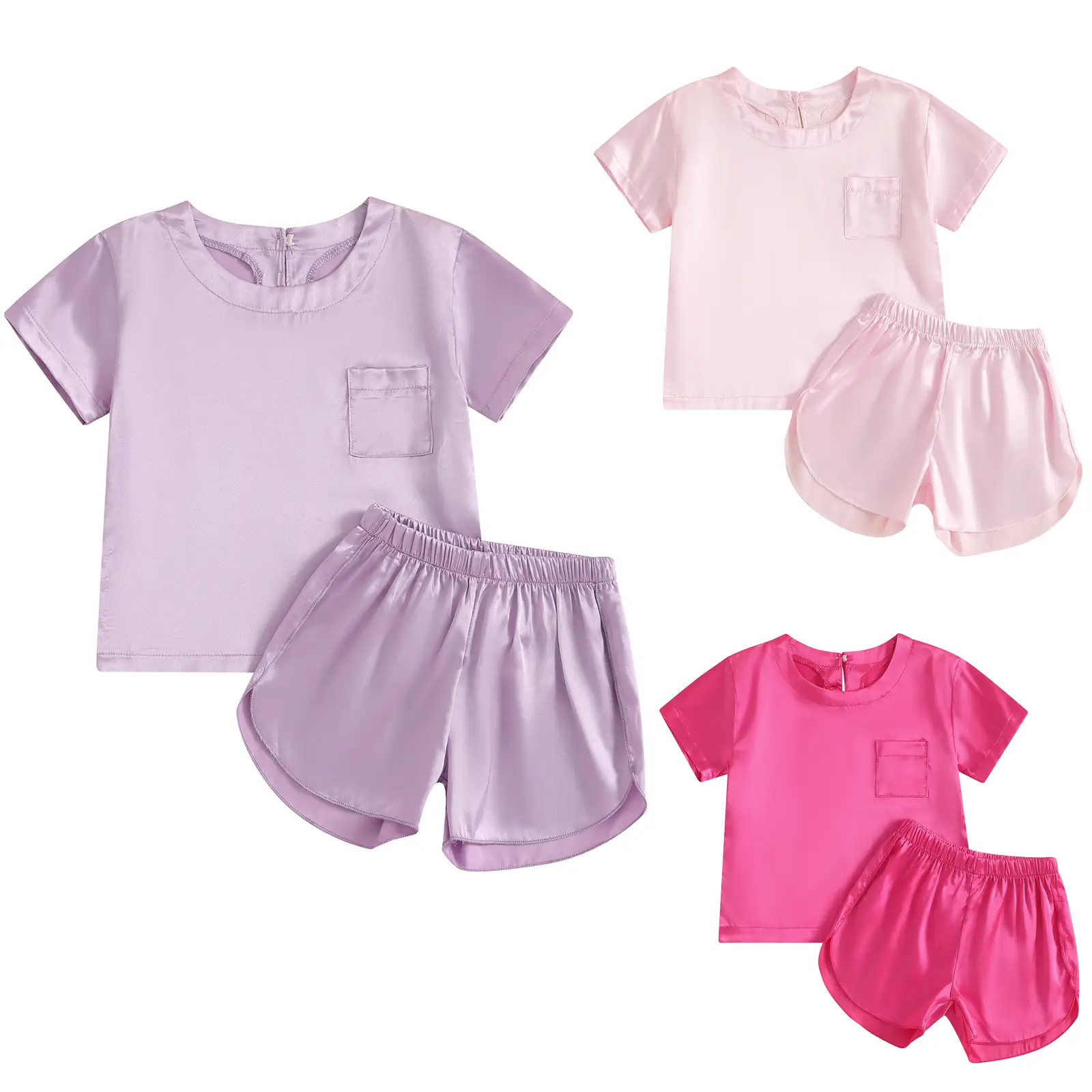 Kids Toddler Girls Satin Pajamas Short Sleeve Tops Shorts Summer Pjs 2-Piece Solid Silk Pajama for Children Size 4-13 #Springtok