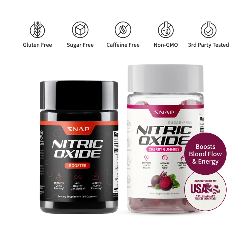 Snap Supplements - Nitric Oxide Booster 60ct + Cherry Flavor Nitric Oxide Gummies - Natural Supplement