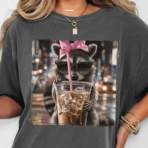 Racoon Iced Coffee Tee, Coffee Shirt, Silly Shirt, Racoon Shirt, Comfort Colors Shirt, Sunny Day Tee, Summer Tee, Oversized Graphic Tee, Womens Shirt, DTG Printed In the USA