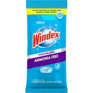 Windex Wipes Glass Cleaning Ammonia Free, Pre-Moistened Glass and Surface Wipes to Clean All Glass Surfaces, Crystal Rain Fresh Scent, 25 Count
