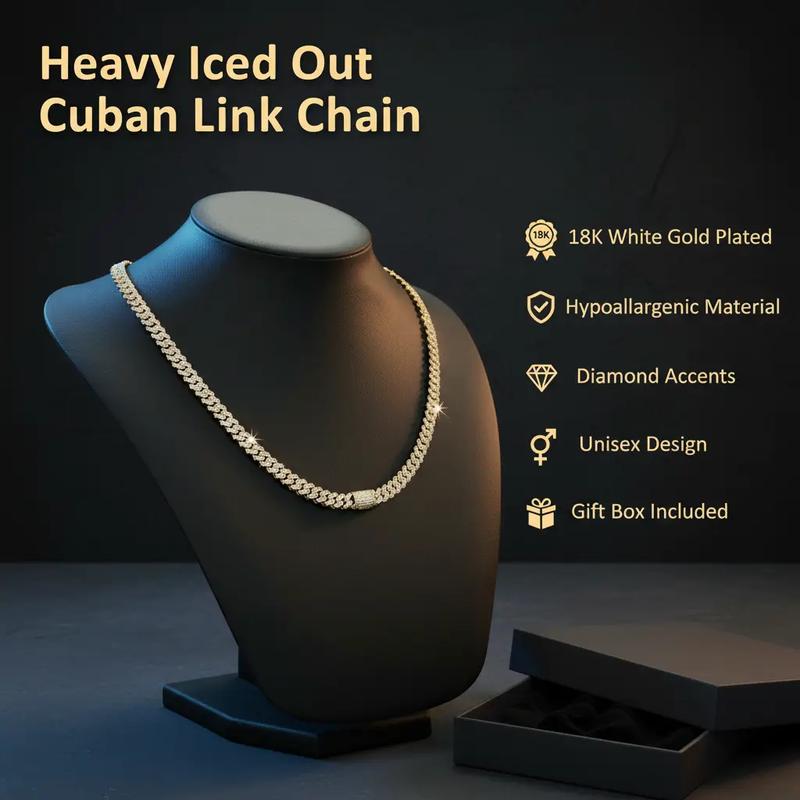 8mm Heavy Iced Out Cuban Link Chain 18K White Gold Plated Diamond Thick Choker Necklace for Men Women Hypoallergenic Bling Hip Hop Jewelry with Gift Box valentines gifts for gf chains men's valentine's gifts heavy chain