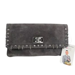 Pre-owned Emilio Pucci Suede Clutches & Wristlets Studded Pierced Clutch Gray SHW Turn Lock Clutch