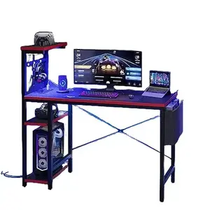 Bestier Gaming Desk with Power Outlets, 44 Inch Led Gamer Desk with 4 Tiers Reversible Shelves, PC Gaming Table with Headset Hook & Side Storage Bag for Bedroom (Black 3D Carbon Fiber)